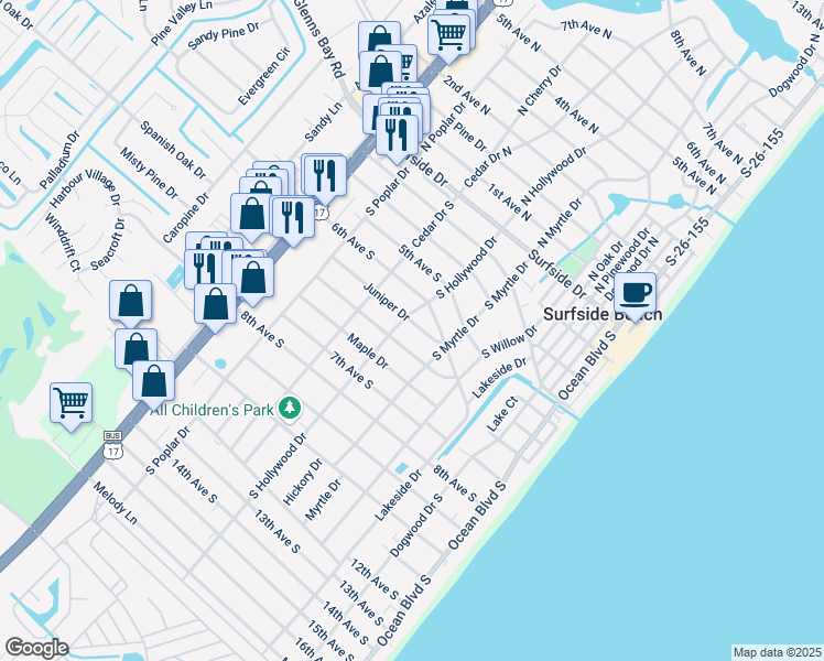 map of restaurants, bars, coffee shops, grocery stores, and more near 416 South Hollywood Drive in Surfside Beach