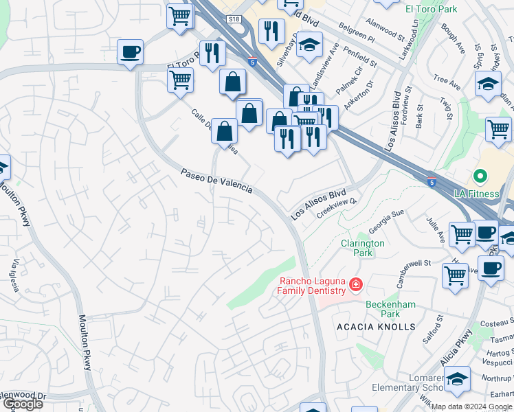 map of restaurants, bars, coffee shops, grocery stores, and more near 146 Avenida Majorca in Laguna Woods