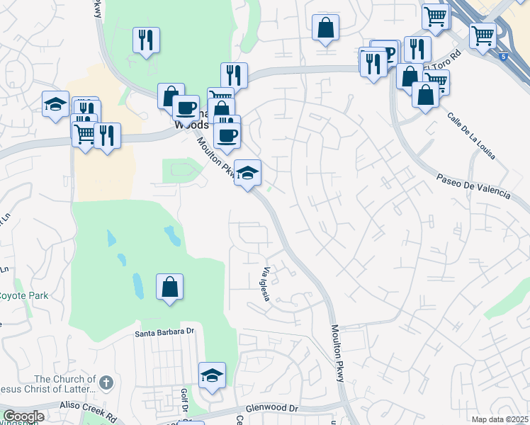 map of restaurants, bars, coffee shops, grocery stores, and more near 23457 Via San Gabriel in Aliso Viejo