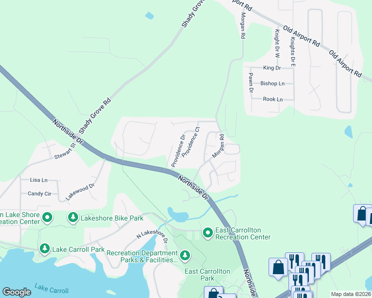 map of restaurants, bars, coffee shops, grocery stores, and more near 108 Providence Court in Carrollton