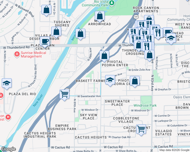map of restaurants, bars, coffee shops, grocery stores, and more near 13478 North 87th Lane in Peoria