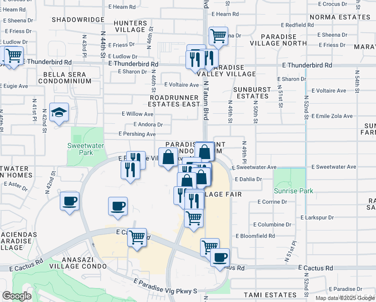 map of restaurants, bars, coffee shops, grocery stores, and more near 4704 East Paradise Village Parkway North in Phoenix