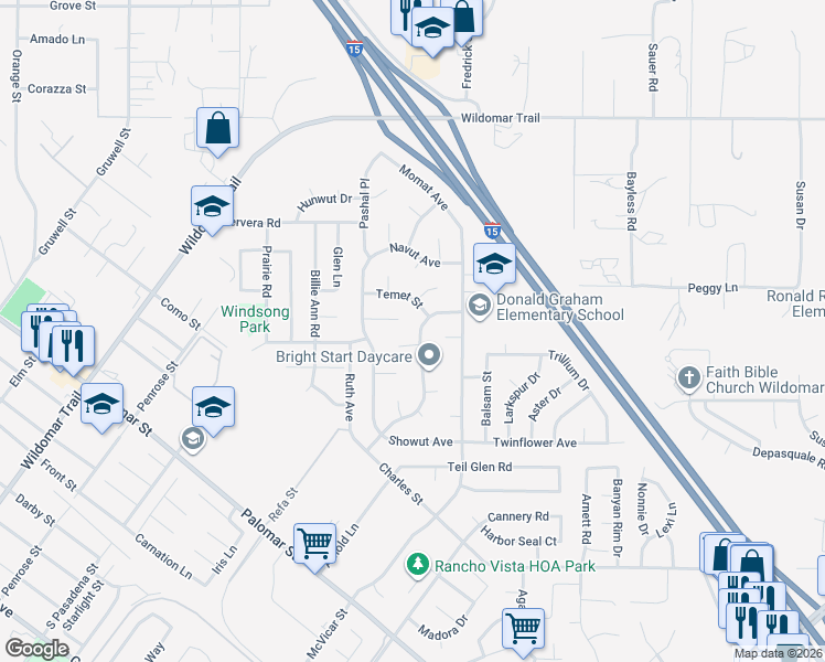 map of restaurants, bars, coffee shops, grocery stores, and more near 35465 Woshka Lane in Wildomar
