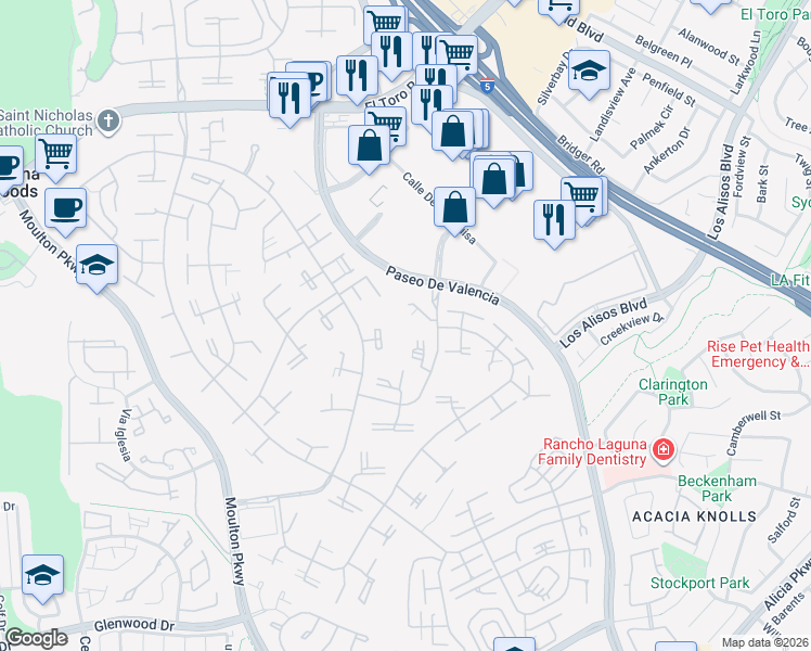 map of restaurants, bars, coffee shops, grocery stores, and more near 119 Via Estrada in Laguna Woods