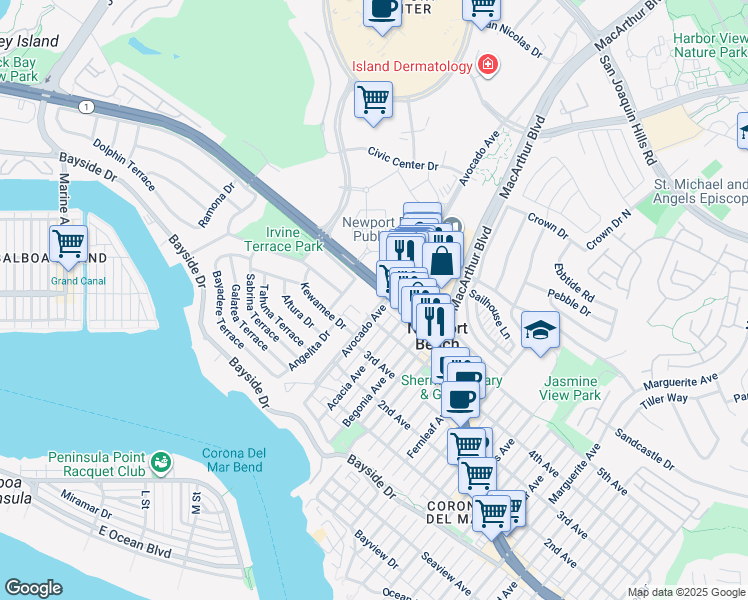 map of restaurants, bars, coffee shops, grocery stores, and more near 7 Corporate Plaza Drive in Newport Beach