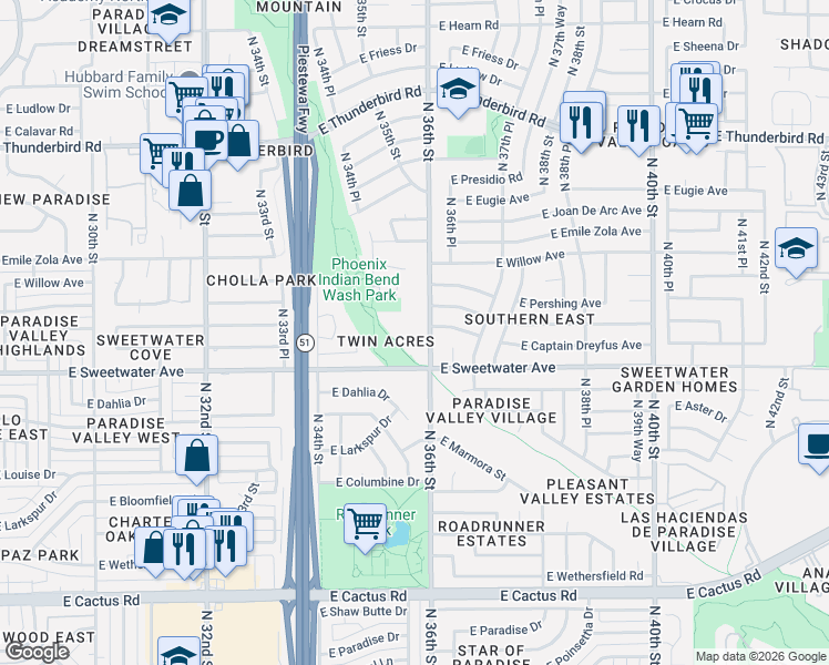 map of restaurants, bars, coffee shops, grocery stores, and more near 13040 North 36th Street in Phoenix