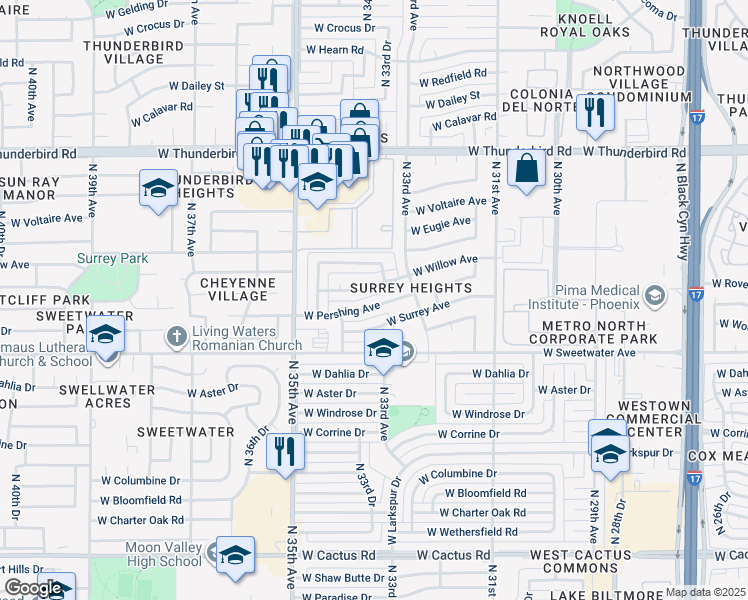 map of restaurants, bars, coffee shops, grocery stores, and more near 3344 West Willow Avenue in Phoenix