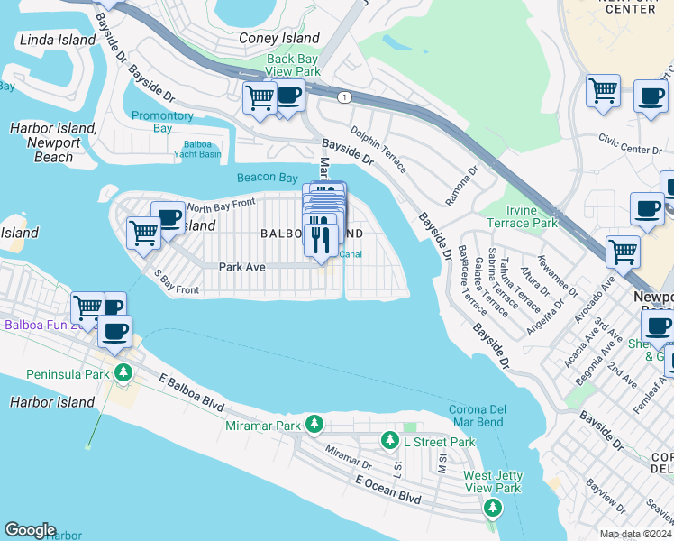 map of restaurants, bars, coffee shops, grocery stores, and more near 125 Grand Canal in Newport Beach