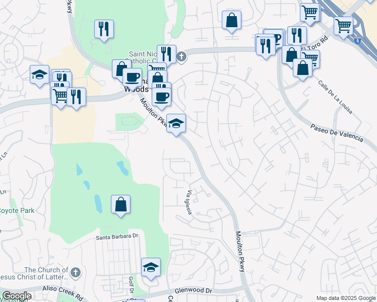 map of restaurants, bars, coffee shops, grocery stores, and more near 23457 Via San Gabriel in Aliso Viejo