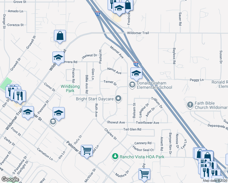 map of restaurants, bars, coffee shops, grocery stores, and more near 35465 Woshka Lane in Wildomar