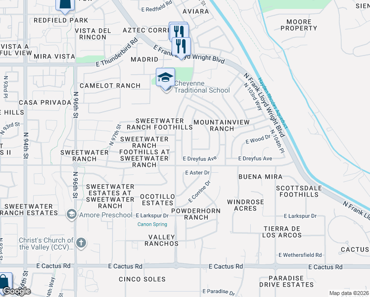 map of restaurants, bars, coffee shops, grocery stores, and more near 10076 East Pershing Avenue in Scottsdale