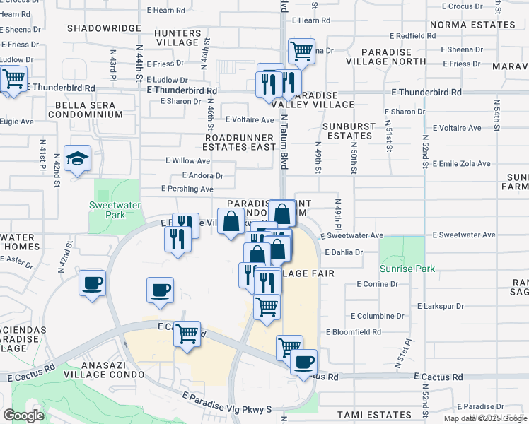 map of restaurants, bars, coffee shops, grocery stores, and more near 4704 East Paradise Village Parkway South in Phoenix