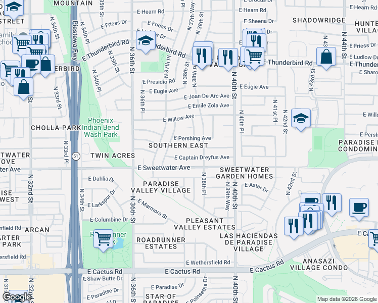map of restaurants, bars, coffee shops, grocery stores, and more near 3750 East Surrey Avenue in Phoenix