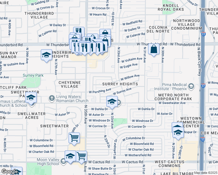 map of restaurants, bars, coffee shops, grocery stores, and more near 3344 West Willow Avenue in Phoenix