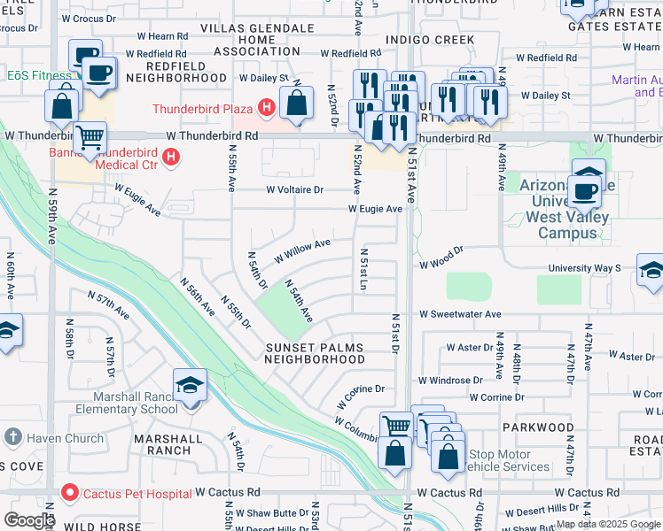 map of restaurants, bars, coffee shops, grocery stores, and more near 5234 West Pershing Avenue in Glendale