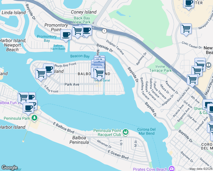 map of restaurants, bars, coffee shops, grocery stores, and more near 204 Abalone Avenue in Newport Beach