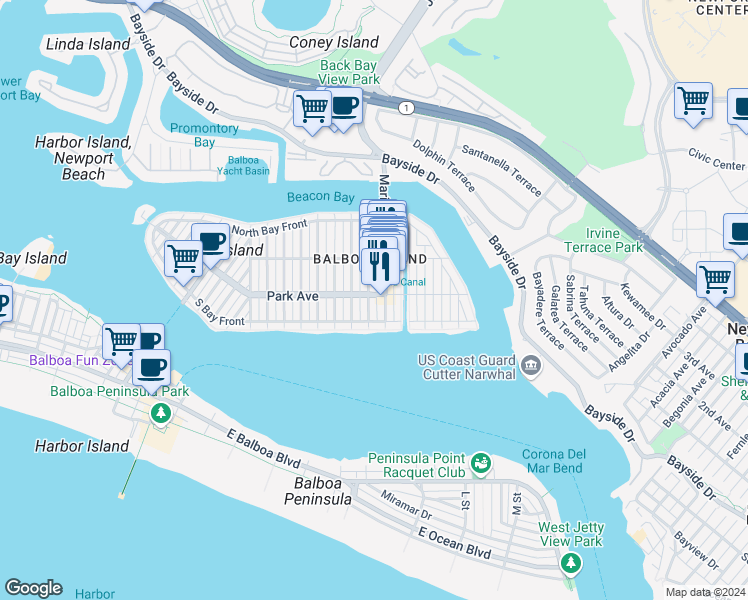 map of restaurants, bars, coffee shops, grocery stores, and more near in Newport Beach