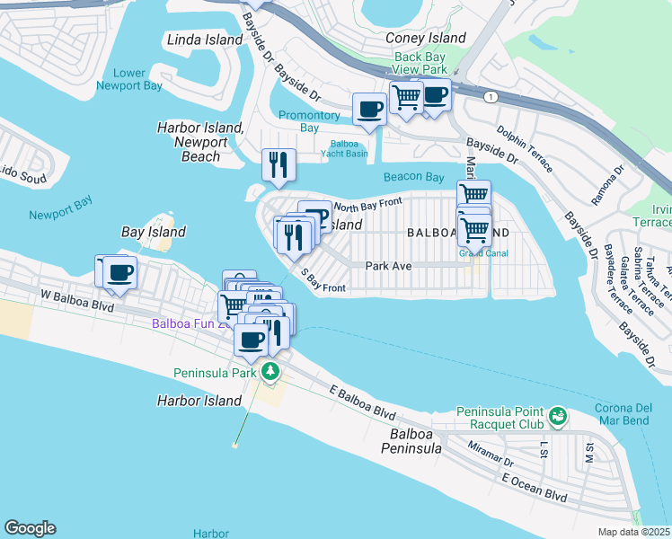 map of restaurants, bars, coffee shops, grocery stores, and more near 128 Opal Avenue in Newport Beach