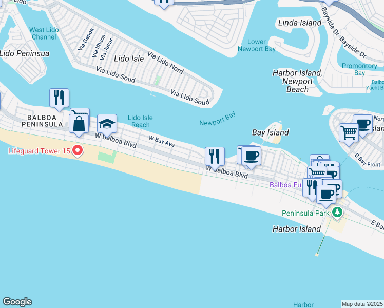 map of restaurants, bars, coffee shops, grocery stores, and more near 908 West Bay Avenue in Newport Beach