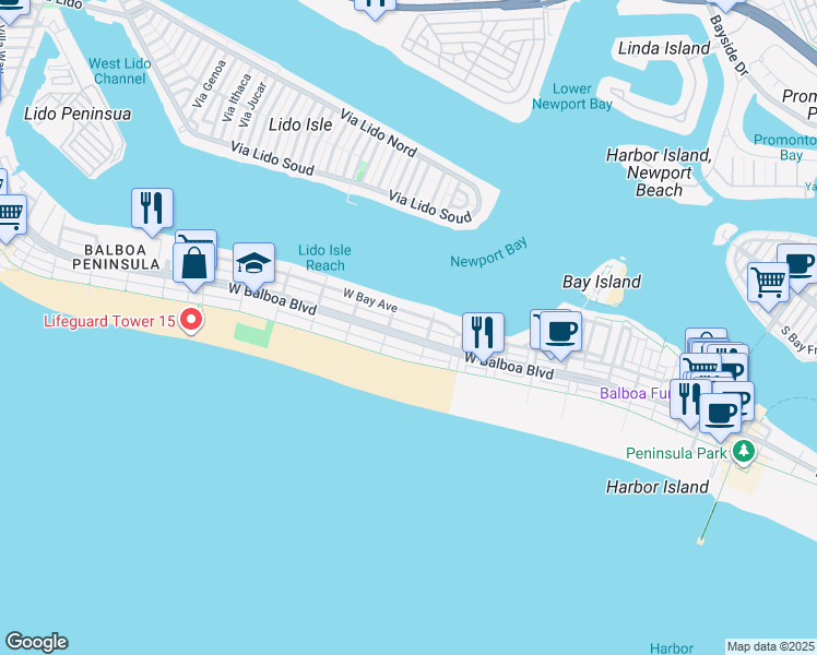 map of restaurants, bars, coffee shops, grocery stores, and more near 908 West Bay Avenue in Newport Beach