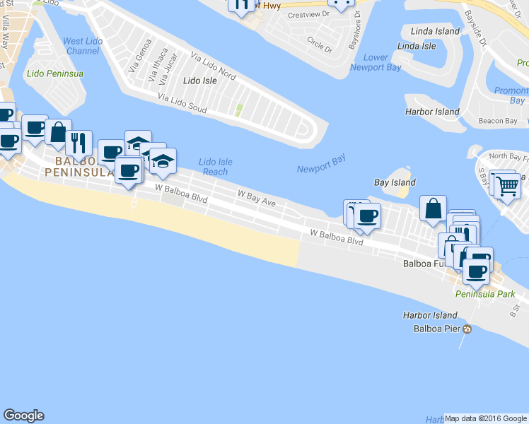 map of restaurants, bars, coffee shops, grocery stores, and more near 1005 West Bay Avenue in Newport Beach