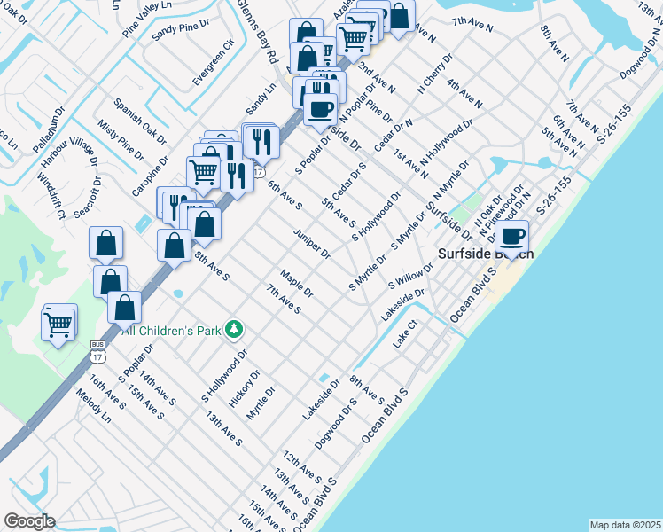 map of restaurants, bars, coffee shops, grocery stores, and more near 416 South Hollywood Drive in Surfside Beach