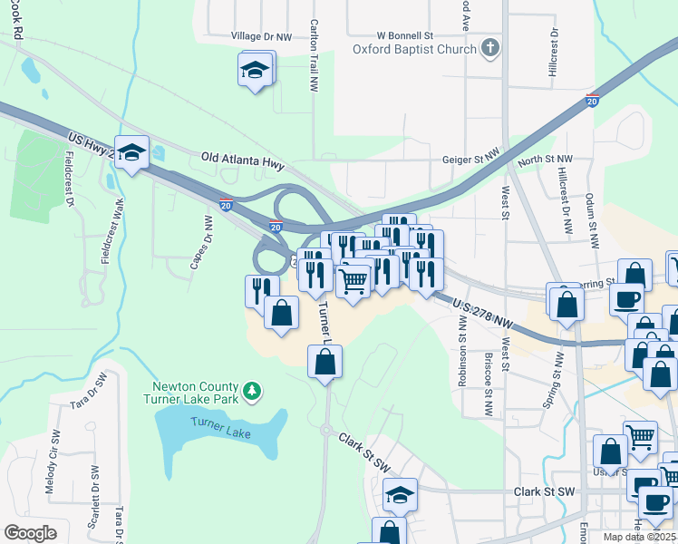 map of restaurants, bars, coffee shops, grocery stores, and more near 7143 Turner Lake Road Northwest in Covington