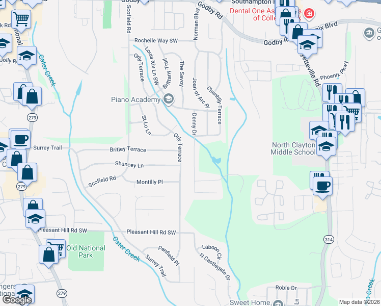 map of restaurants, bars, coffee shops, grocery stores, and more near 5356 Denny Drive in Atlanta