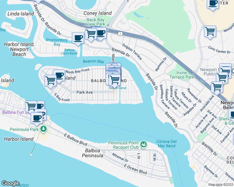 map of restaurants, bars, coffee shops, grocery stores, and more near 125 Grand Canal in Newport Beach