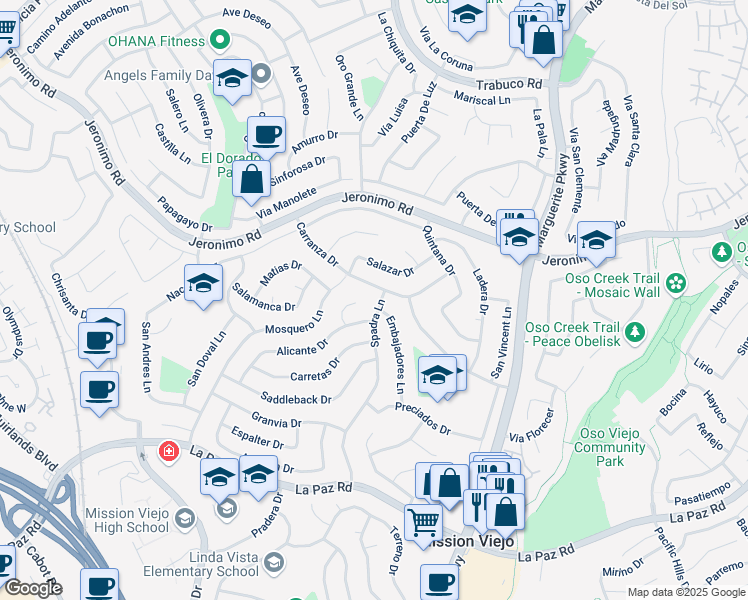 map of restaurants, bars, coffee shops, grocery stores, and more near 24611 Spadra Lane in Mission Viejo