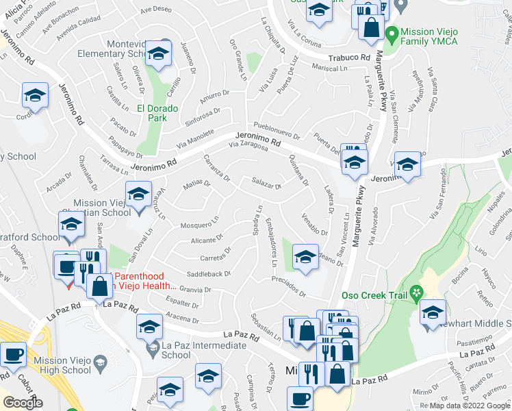 map of restaurants, bars, coffee shops, grocery stores, and more near 24611 Spadra Lane in Mission Viejo