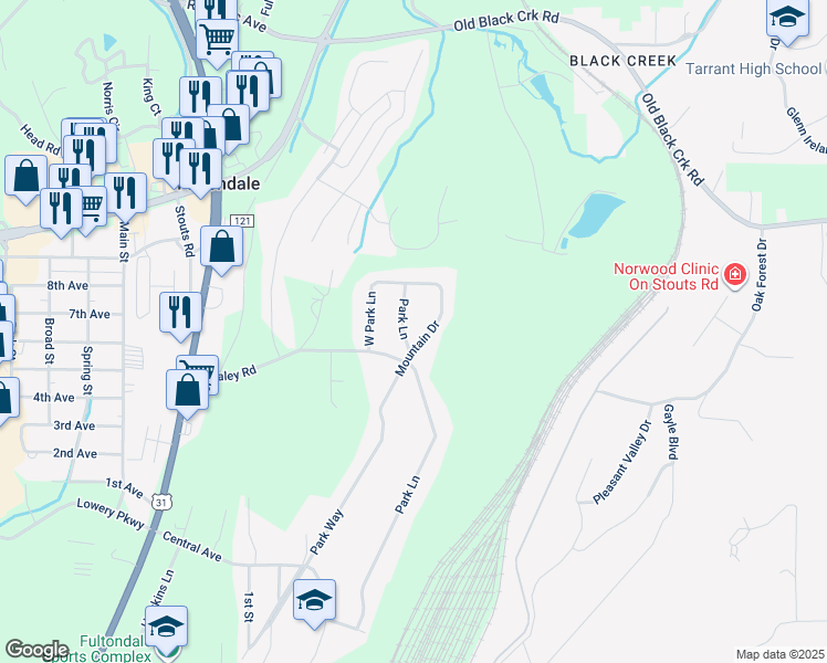 map of restaurants, bars, coffee shops, grocery stores, and more near 905 Park Lane in Coalburg