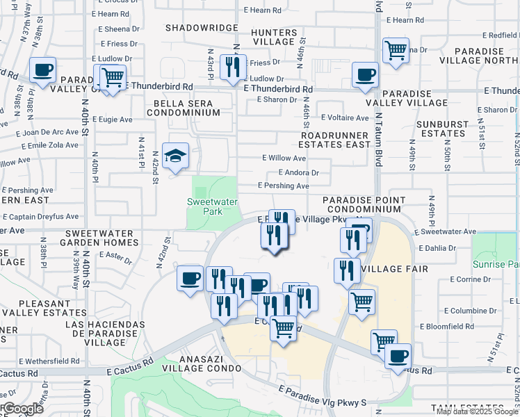 map of restaurants, bars, coffee shops, grocery stores, and more near 4444 East Paradise Village Parkway North in Phoenix