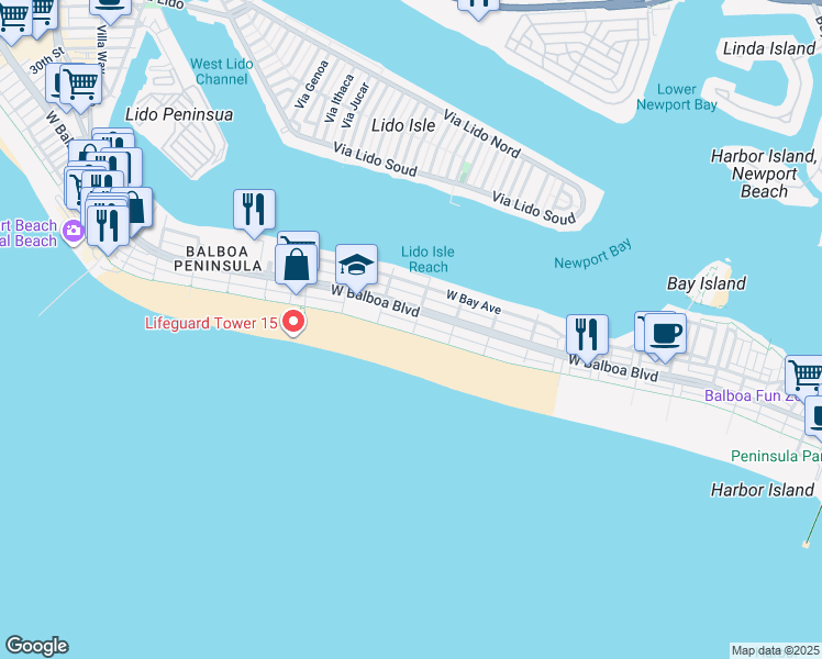 map of restaurants, bars, coffee shops, grocery stores, and more near 1200 West Oceanfront in Newport Beach