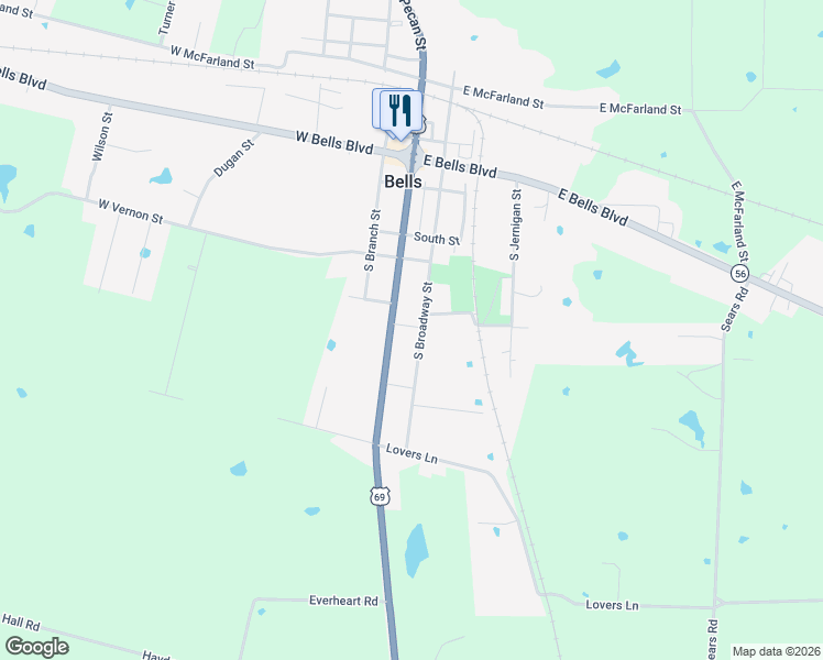 map of restaurants, bars, coffee shops, grocery stores, and more near 317 South Pecan Street in Bells