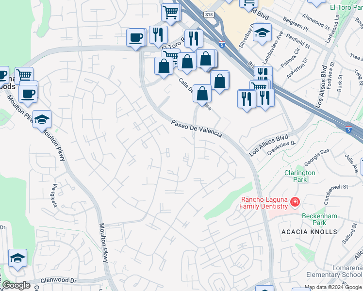 map of restaurants, bars, coffee shops, grocery stores, and more near 119 Via Estrada in Laguna Woods