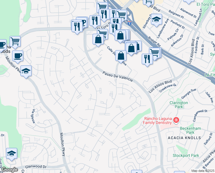 map of restaurants, bars, coffee shops, grocery stores, and more near 119 Via Estrada in Laguna Woods