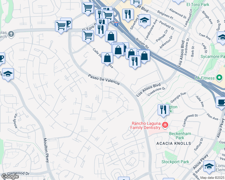 map of restaurants, bars, coffee shops, grocery stores, and more near 136 Avenida Majorca in Laguna Woods