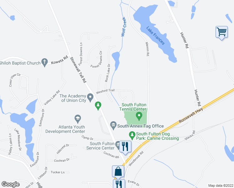 map of restaurants, bars, coffee shops, grocery stores, and more near 5500 Sierra Way in Atlanta