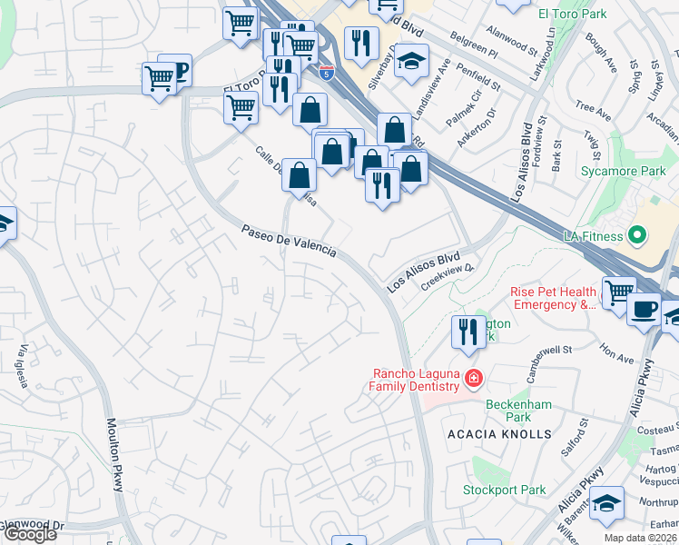 map of restaurants, bars, coffee shops, grocery stores, and more near 146 Avenida Majorca in Laguna Woods