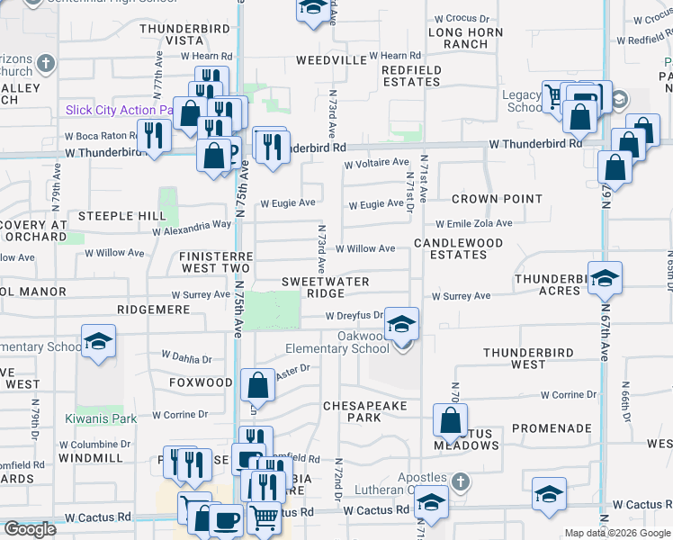map of restaurants, bars, coffee shops, grocery stores, and more near 7223 West Willow Avenue in Peoria