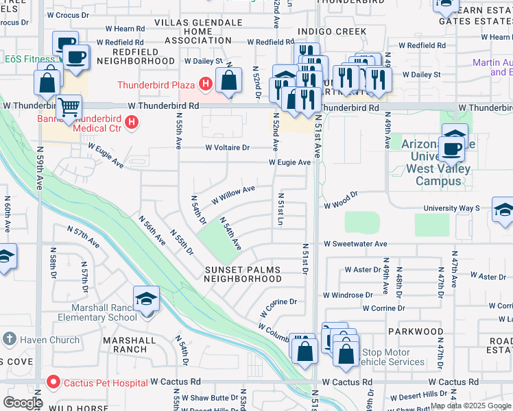 map of restaurants, bars, coffee shops, grocery stores, and more near 5234 West Pershing Avenue in Glendale