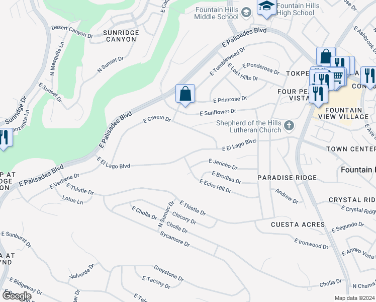 map of restaurants, bars, coffee shops, grocery stores, and more near 15732 East El Lago Boulevard in Fountain Hills