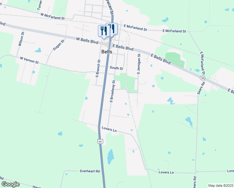 map of restaurants, bars, coffee shops, grocery stores, and more near 16 East Park Street in Bells