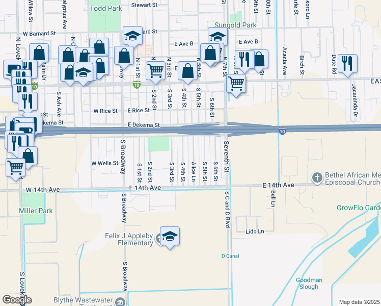 map of restaurants, bars, coffee shops, grocery stores, and more near 361 Alice Lane in Blythe