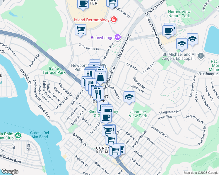 map of restaurants, bars, coffee shops, grocery stores, and more near 800 - 984 Avocado Avenue in Newport Beach