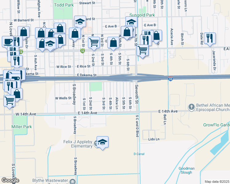 map of restaurants, bars, coffee shops, grocery stores, and more near 361 Alice Lane in Blythe