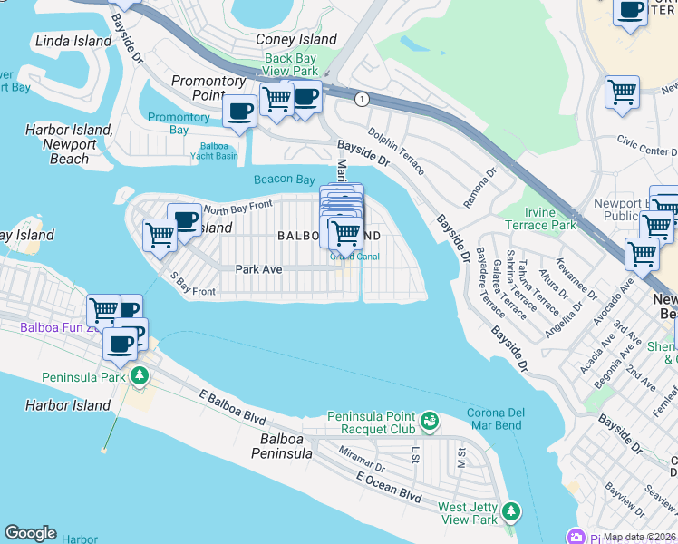 map of restaurants, bars, coffee shops, grocery stores, and more near 127 Marine Avenue in Newport Beach