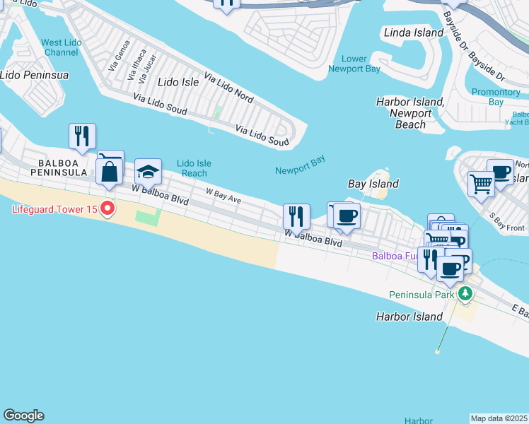 map of restaurants, bars, coffee shops, grocery stores, and more near 908 West Bay Avenue in Newport Beach