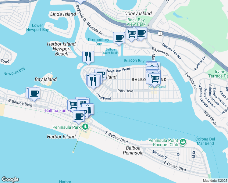 map of restaurants, bars, coffee shops, grocery stores, and more near 126 Collins Avenue in Newport Beach